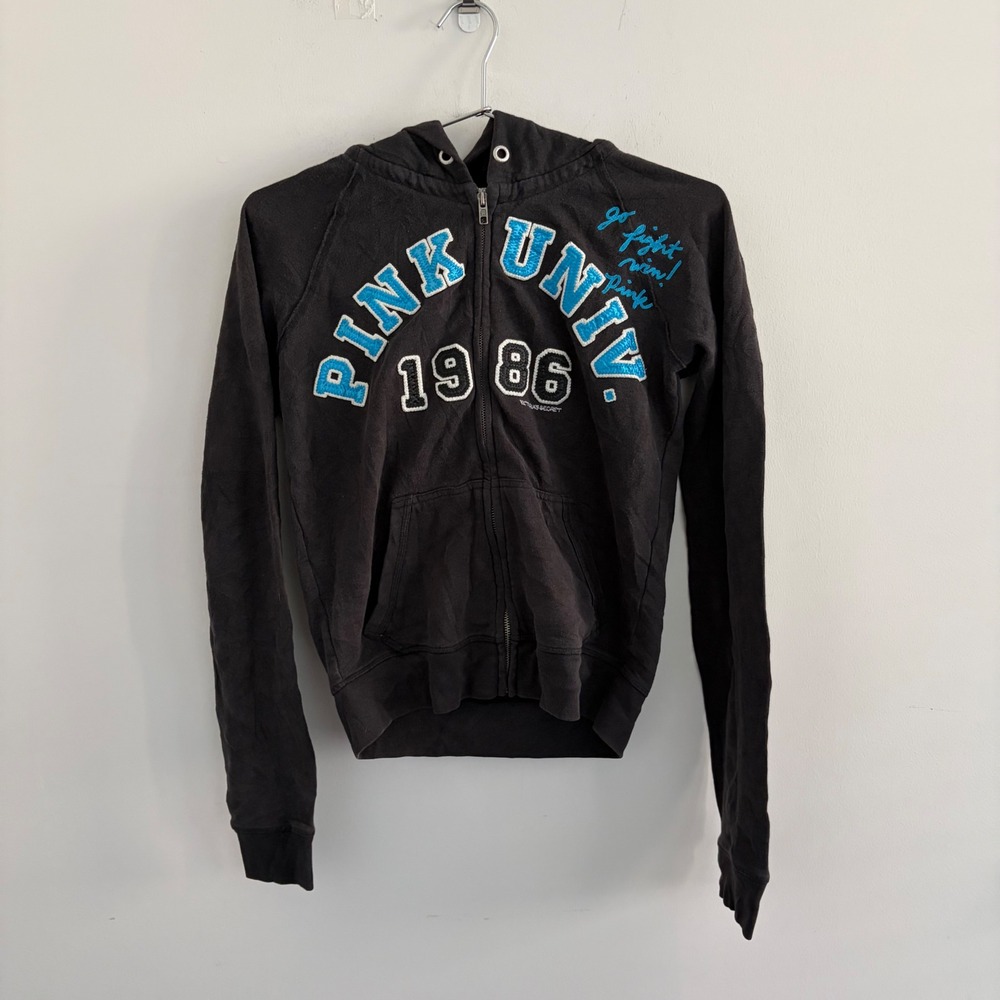 PINK Victoria's Secret University 1986 Full Zip Hoodie Black Blue Medium